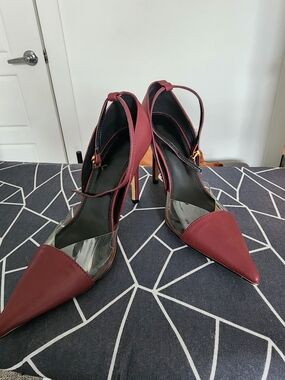 PrettyLittleThing Burgundy Pointed Toe Ankle Strap Heels